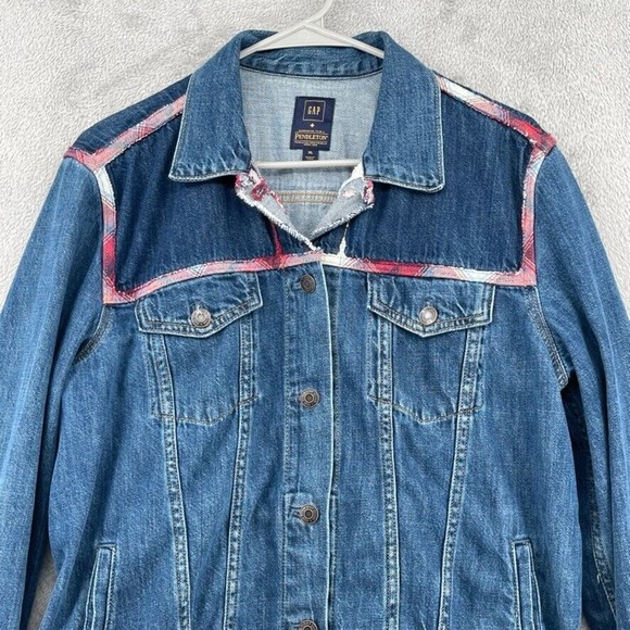 Gap x Pendleton Jacket Women XL Blue Denim Jean Icon Plaid Trim Heritage Western - Picture 3 of 16